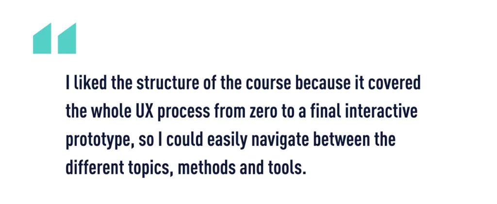 A quote from Nikolaos about his product manager career progression journey to UX design