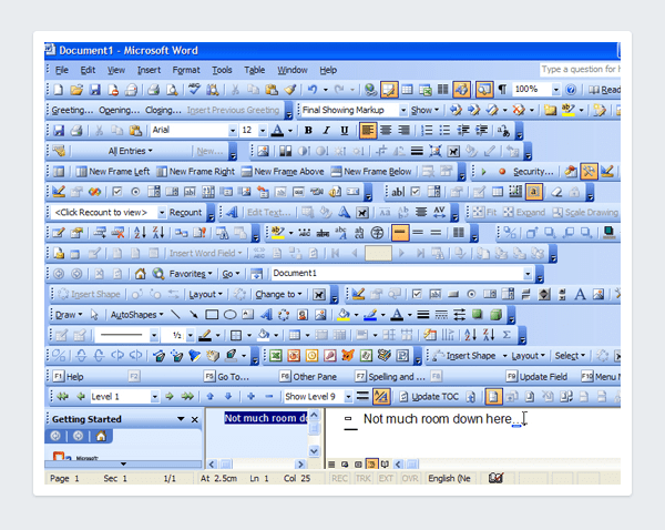 A screenshot from a very old version of Microsoft Word, showing bad simplicity in design through too many formatting options.