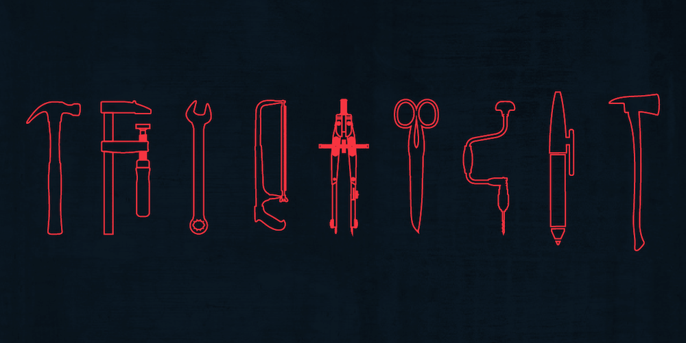 Outlines of tools in red, on a dark blue background