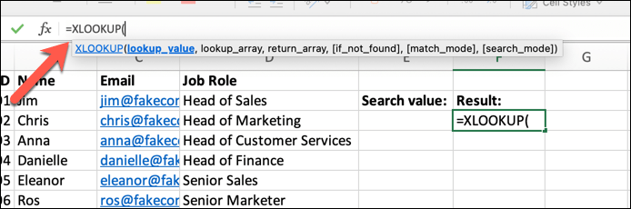 A spreadsheet containing 4 columns of data. An empty cell has been highlighted and XLOOKUP typed into the formula bar.
