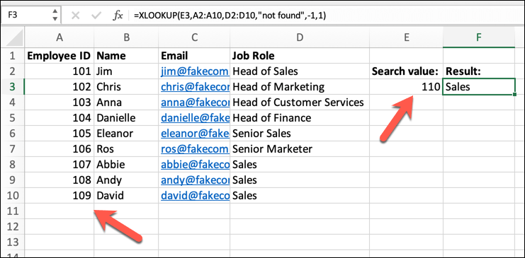 An Excel spreadsheet containing four columns of data, with a search_mode argument has been added to the XLOOKUP formula.