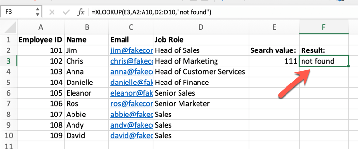 An Excel spreadsheet containing 4 columns of data, with a not_found argument has been added to the XLOOKUP.