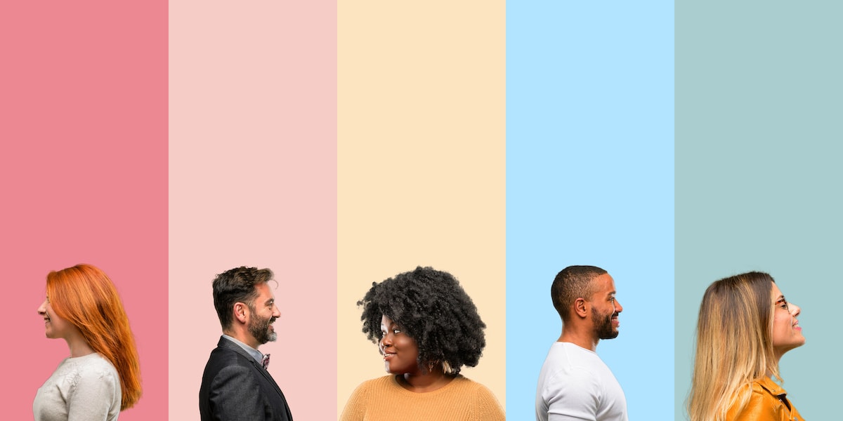 5 examples of different user personas against colour backgrounds