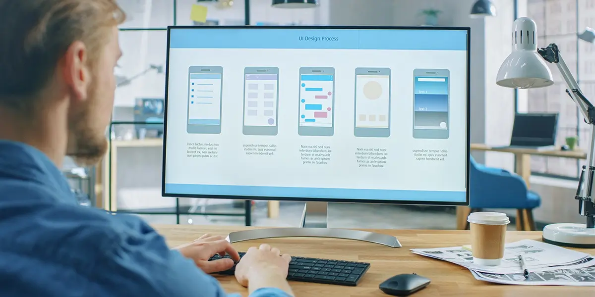 A UI designer looking at mobile app prototypes on a computer