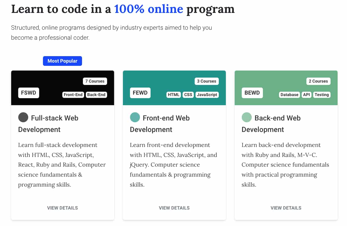 Screenshot of the Altacademy coding bootcamps page.