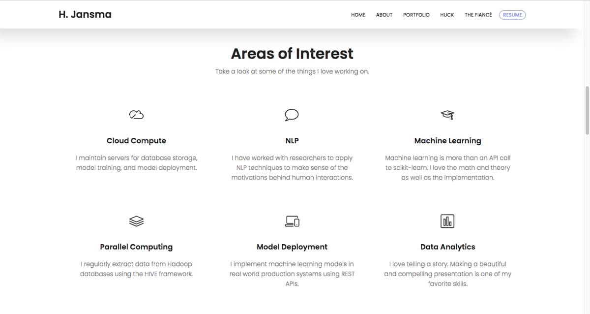 A screen grab from Harrison Jansma's data analytics portfolio, showing his skills and interests.