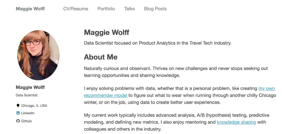 A screengrab taken from Maggie Wolff's portfolio website, showcasing her About Me page.