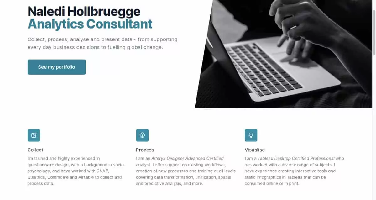 The homepage of Naledi Hollbruegge's data analytics portfolio website.