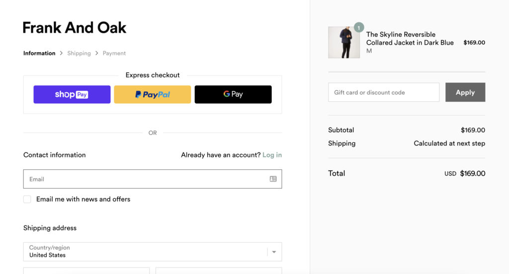 Frank and oak example of great UI design for a checkout page