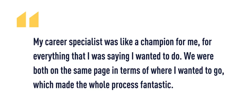A quote from Lacey about her career change from healthcare to UX design