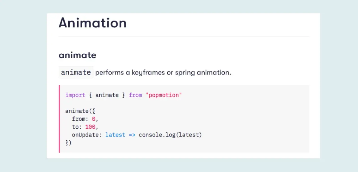 A snippet of code from the Popmotion animation library website