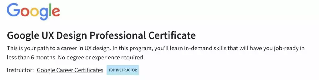 Google UX design certification website screenshot