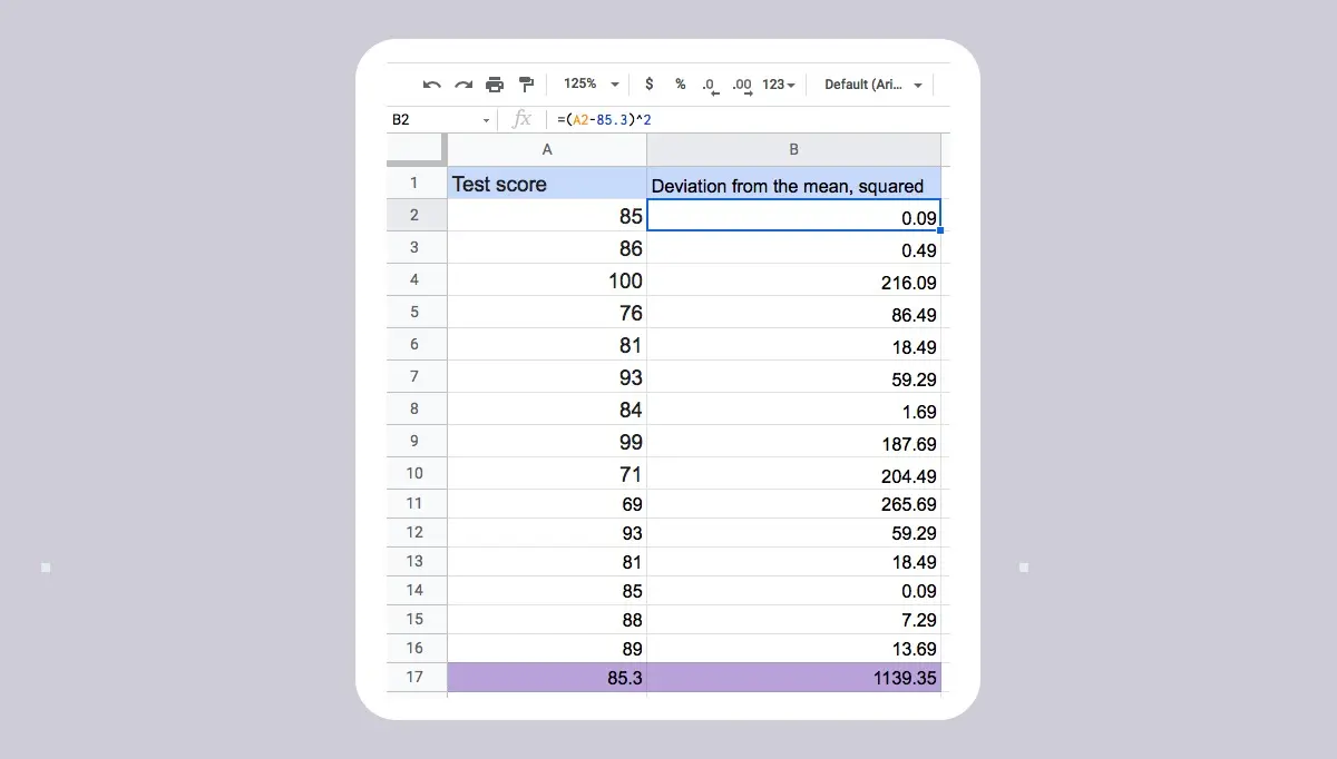 A spreadsheet containing test scores, showing the calculation for standard deviation