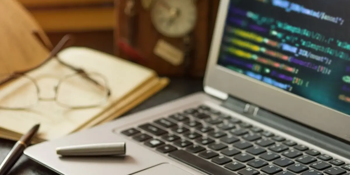 A laptop open with code displayed on the screen, beside a pen and notebook.