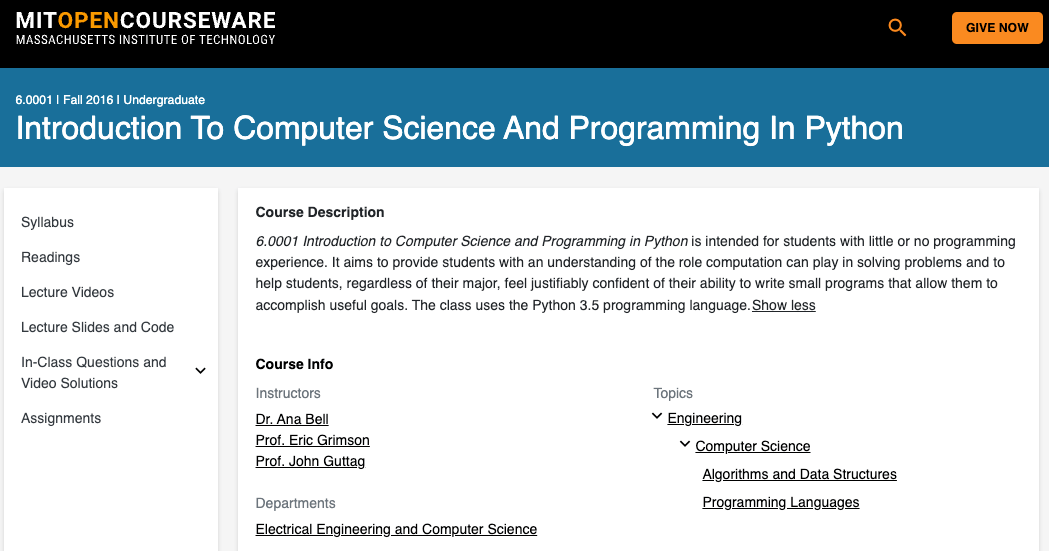 Screenshot of the MIT Open Courseware free coding class.