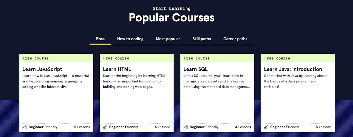 Screenshot of the Codeacademy free coding bootcamp classes.