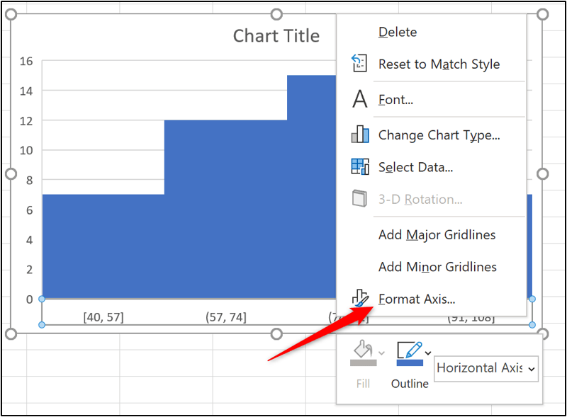 A histogram in Excel with the drop-down menu used to format the axis