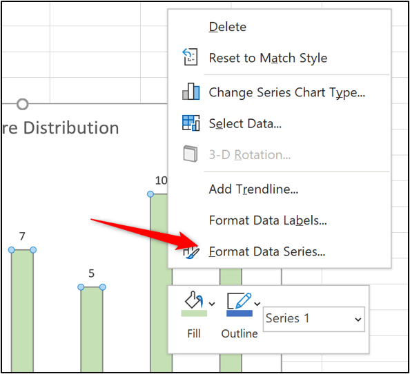 A column chart in Excel, showing the menu used to format data series in the column chart