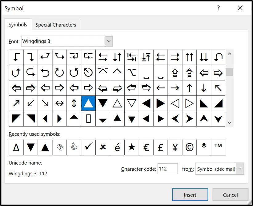 The symbols library in Excel