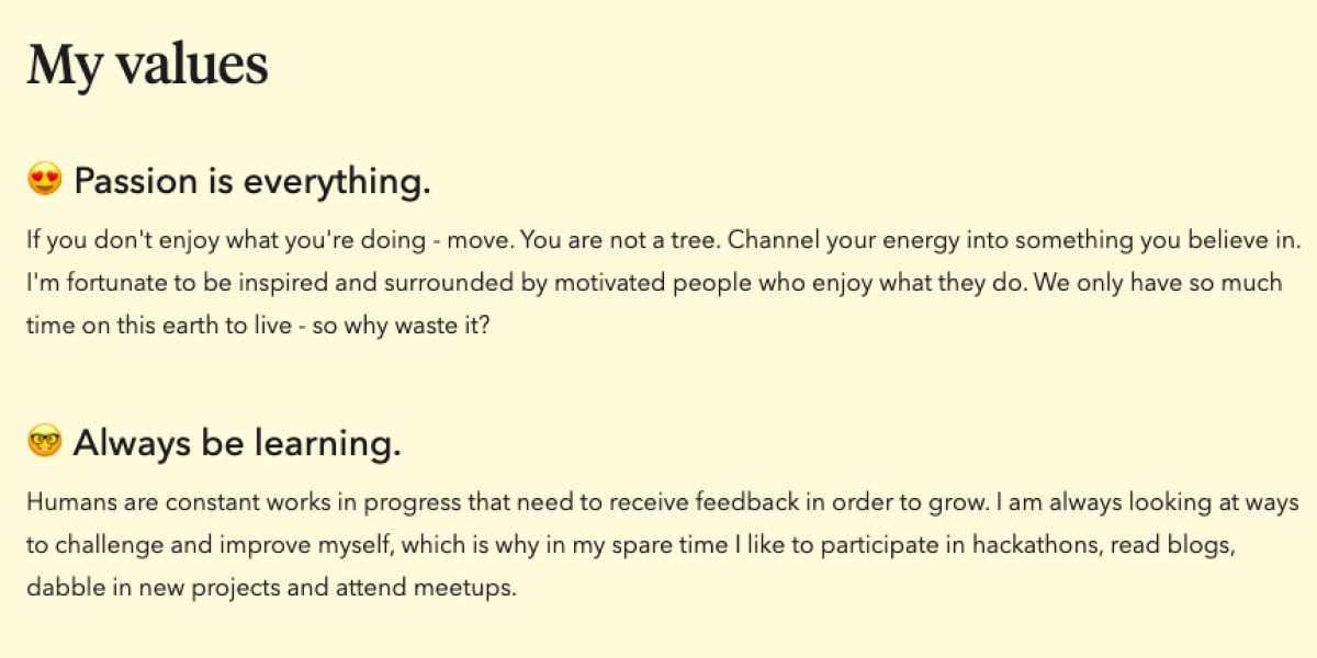 Screengrab from Gloria Lo's UX portfolio website, featuring the values outlined on the about us page