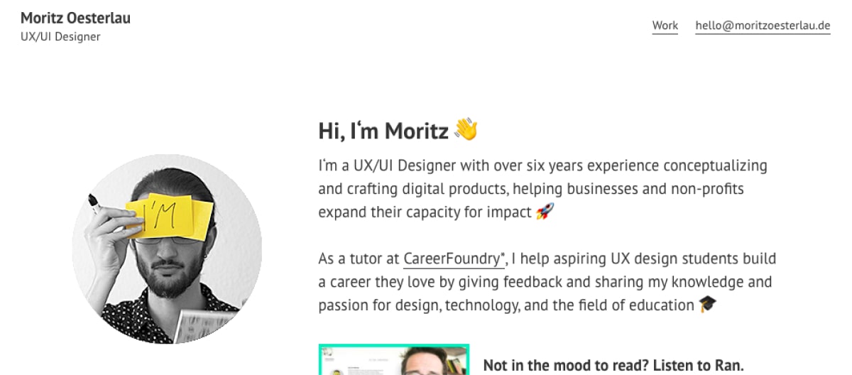 Screengrab of the landing page for Moritz Osterleu's UX portfolio website