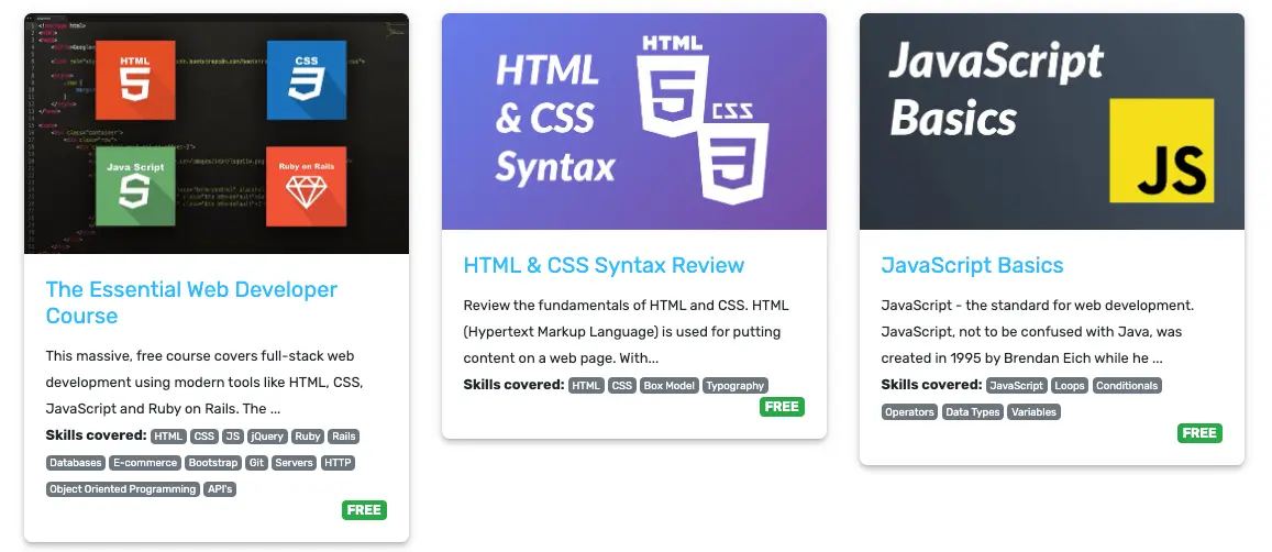 Screenshot of some free coding bootcamps on Upskill.