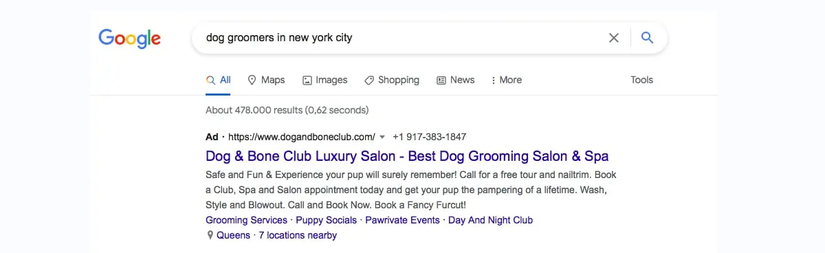 The paid ads that appear in the Google search results when you search for "dog groomers in New York City"