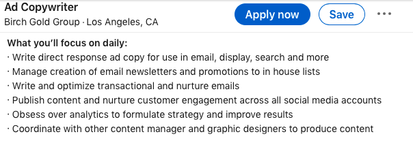An ad copywriter job description from LinkedIn