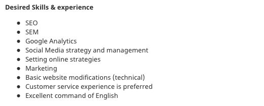A job ad listing the desired skills and experience of a digital marketing specialist