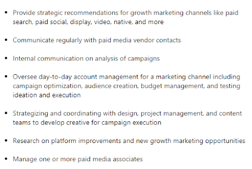 A job ad for a paid media associate role