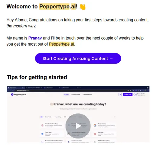 An email sent from Peppertype AI to an email subscriber (an example of cross-channel marketing)