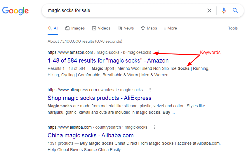 A screenshot of the organic search results in Google when searching for magic socks for sale, an example of SEO vs SEM
