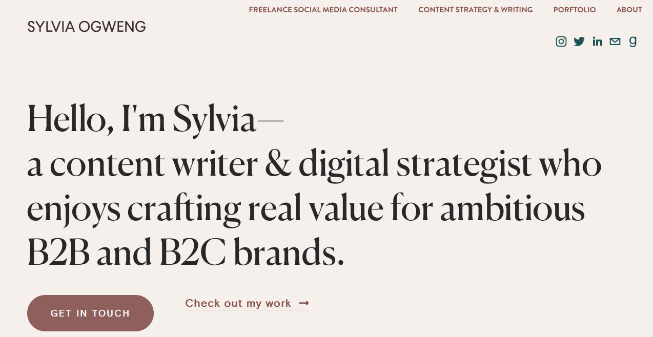 The homepage of Sylvia Ogweng's digital marketing portfolio