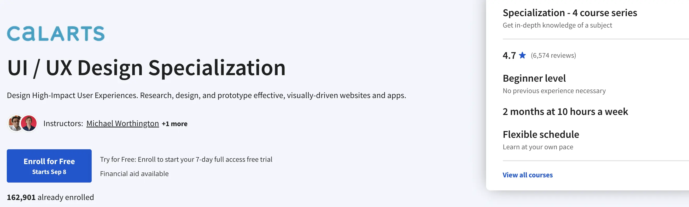 A screenshot of Calarts free UX design course website, one of the best free UX design courses