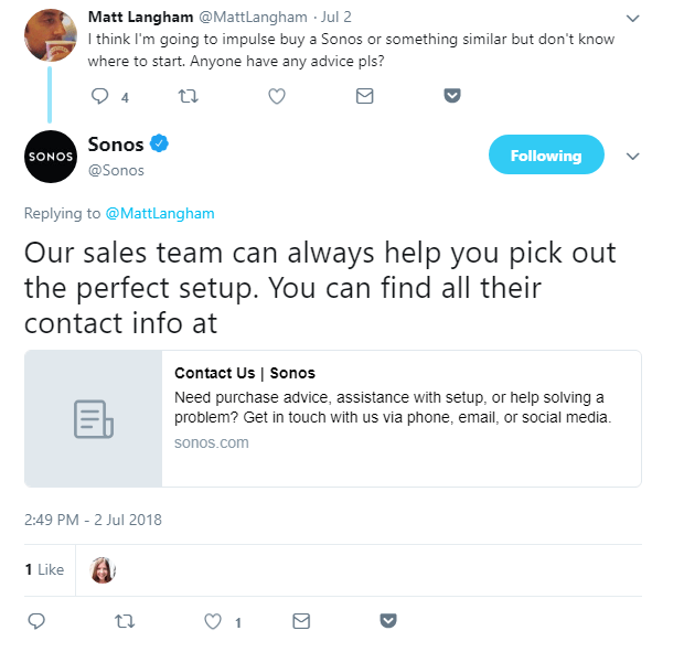A screenshot from Twitter of Sonos replying to a customer tweet (an example of cross-channel marketing)