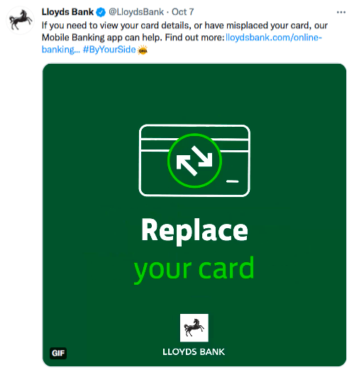 A tweet shared by Lloyds Bank, telling users how the mobile app can help them if they lose their credit card