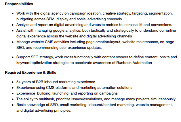 A digital marketing manager job description, posted by PagerDuty in the United States