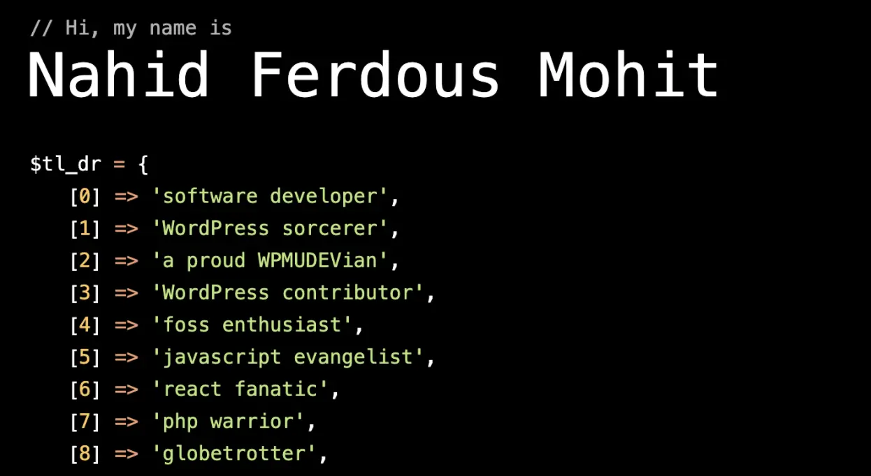 Detail from Nahid Ferdous Mohit's web developer portfolio website.