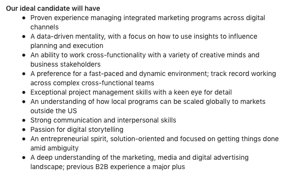 A job ad posted by Twitter, listing the most important digital marketing manager skills