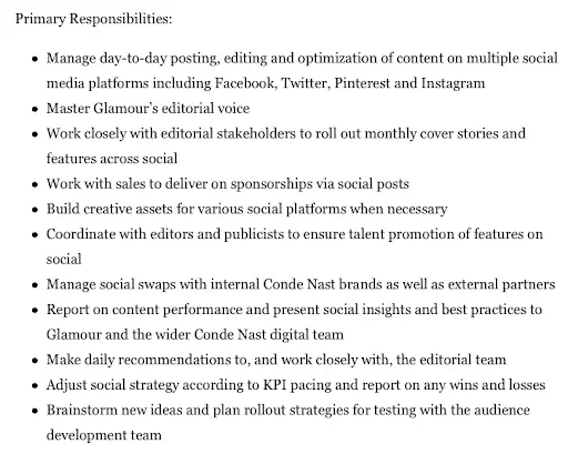 A social media manager job ad, posted by Conde Nast