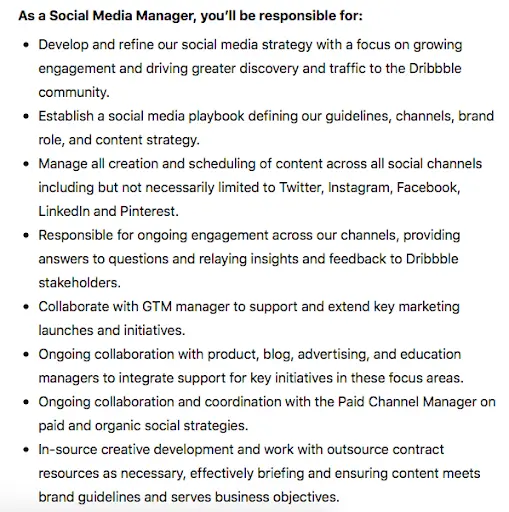 A job ad for a social media manager, posted by Dribbble