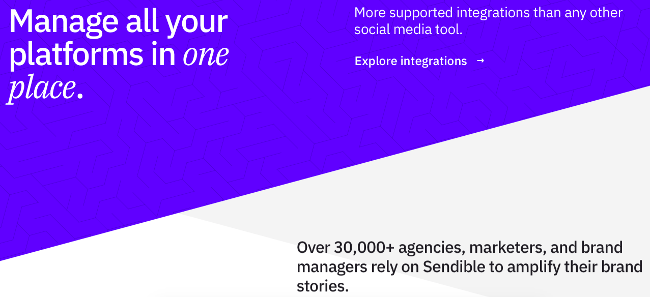 The Sendible website, one of the most popular social media management tools