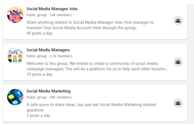 Different social media manager communities and groups on Facebook