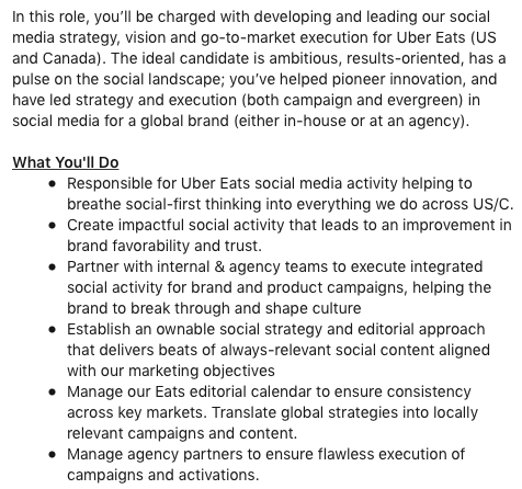 A social media manager job description posted by Uber Eats