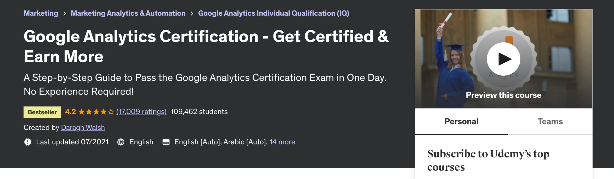A screenshot of the udemy digital marketing certificate program