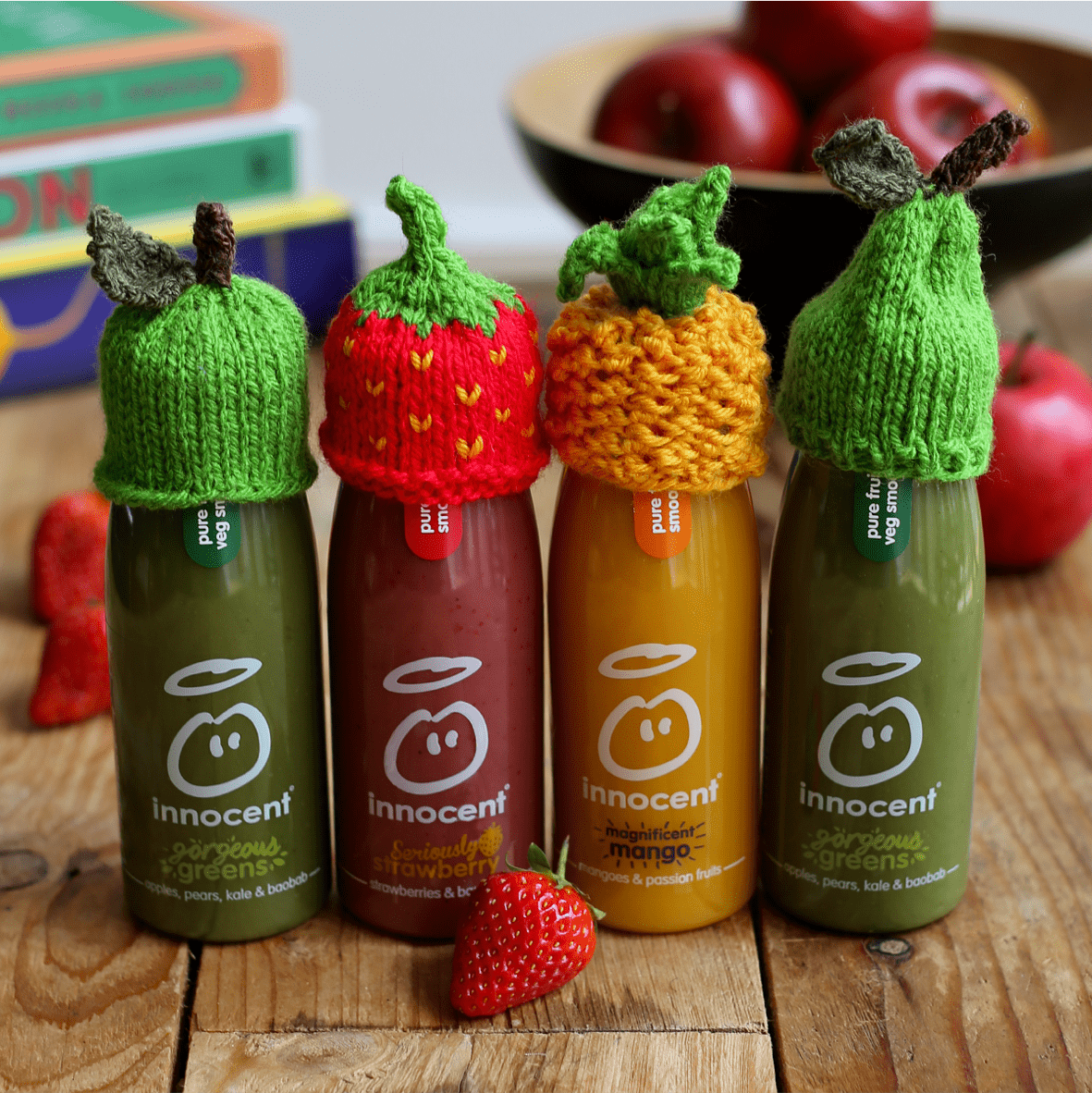 The Innocent digital marketing strategy, a series of smoothie bottles with knitted hats