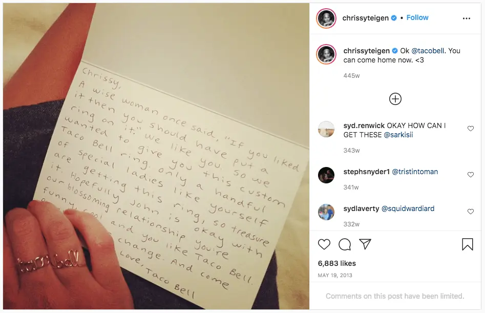 An Instagram post showing a card sent by Taco Bell to Chrissy Teigen as part of their digital marketing strategy