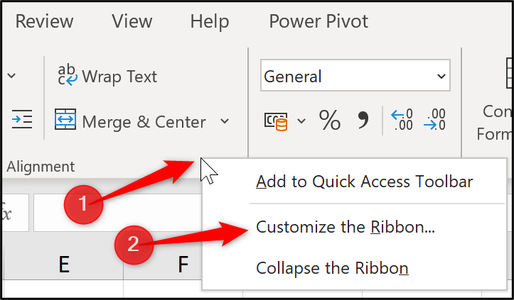 A menu dropdown in Excel with the option to customize the ribbon