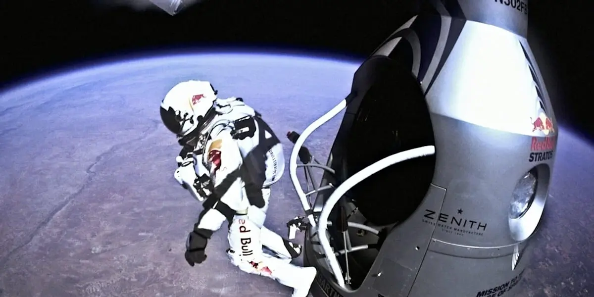 A person doing a skydive, part of a marketing campaign for Redbull