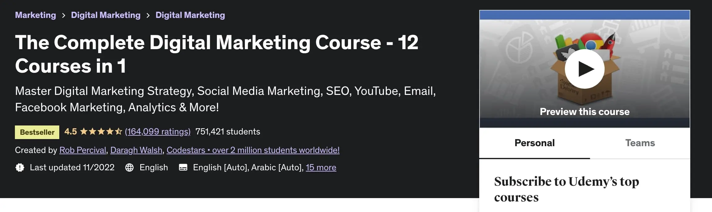 A screenshot of Udemy's online digital marketing course website